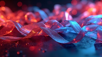 Glossy 3D abstract ribbons in vibrant red and blue gradients, smoothly flowing with reflective surfaces, creating a futuristic and dynamic digital art composition on a dark background.