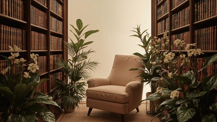 Fototapeta premium Hazy Background of a Warm Reading Spot Enclosed by Bookshelves and Greenery in a Bright Area with a Cozy Sitting Chair