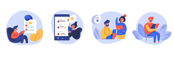 Fototapeta premium Remote team members organizing video call agenda and collaborative discussion using tablet and laptop devices in flat minimalist style vector illustration