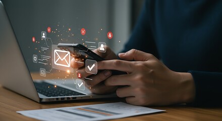 A person receiving and sending messages, with futuristic email and notification symbols appearing on a smartphone.