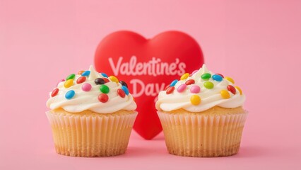 Two soft-focus cupcakes adorned with bright sweets in front of a red heart featuring a Valentine's Day note on a pink background.