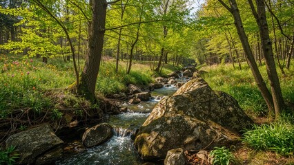 Beautiful natural landscape with deciduous trees, flowers, and a gentle stream