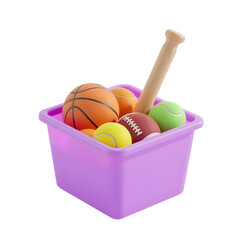 Purple bucket filled with various sports balls and a baseball bat isolated on transparent background