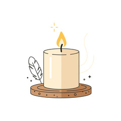Lit candle on a wooden base with a feather illustration nearby.