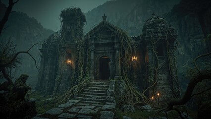3D depiction of a shadowy, ivy-clad fantasy temple ruin from the medieval era.