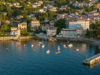 Lovran Aerial Harbor Summer Sunrise, Adriatic sea shore seascape summertime