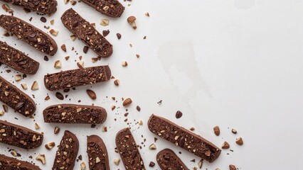 Slices of biscotti containing dark chocolate and nuts on a white base