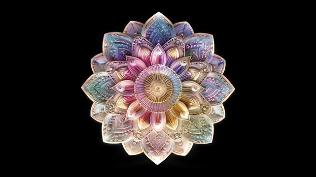 3d render animation of symmetrical multicolor complex basic poly with struts bloom movement, (looping) in the end animation is transform like the beginning form