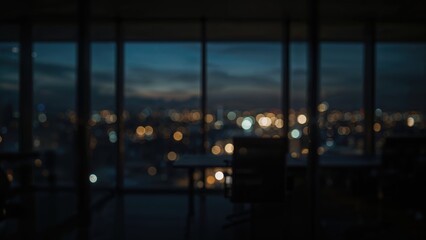 Fototapeta premium Shadowy office interior with faint lights, vibrant business space during evening, blurred marketplace atmosphere.