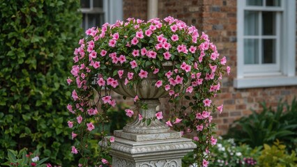 Decorative stone urn with elaborate designs, filled with blooming pink begonias and trailing vines, placed atop a carved pedestal surrounded by garden greenery.