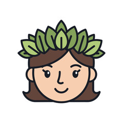 Woman with brown hair and a green leaf crown smiling illustration.
