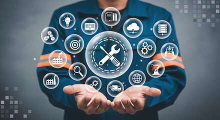 Engineer Presenting Digital Overlays of Industry Icons, Representing Modern Technology and Comprehensive Solutions for Business Needs