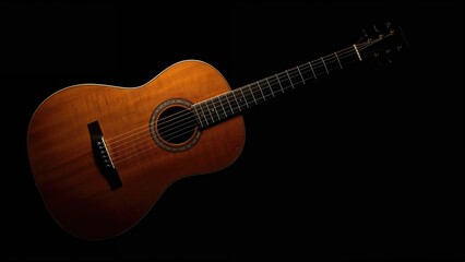 Naklejka premium Focused image of a classical guitar under dramatic spotlight on a black background featuring space for copy