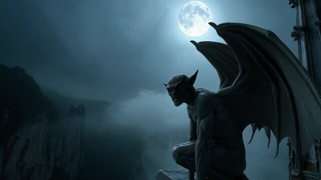 Mysterious Gargoyle Overlooking a Misty Moonlit Night