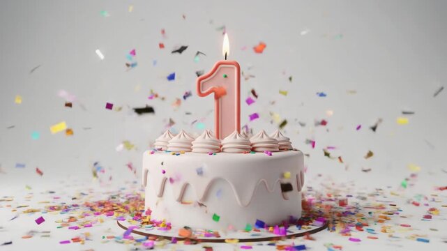 Pink birthday cake with candle number 1. White background with confetti falling down. Video for 1st birthday or anniversary party