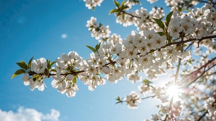 Obraz premium Springtime Branch Covered in White Sakura Flowers Beneath a Bright Azure Sky