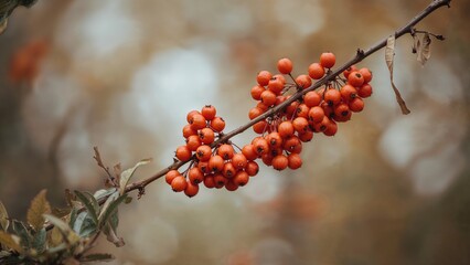 Luminous bunches of rowan fruits with a blurred branch setting
