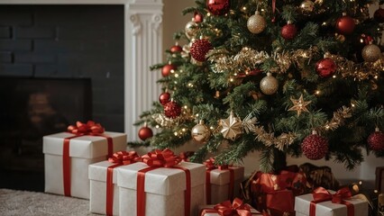Cozy interior showcasing a Christmas tree with beautifully wrapped red and white gifts, positioned near a black brick wall for a festive atmosphere.