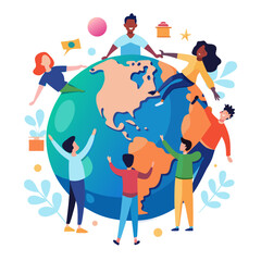 Fototapeta premium Globe with Diverse People Holding Hands – World Unity and Fraternity Vector