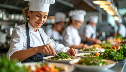 Smiling chef preparing salads in a busy kitchen