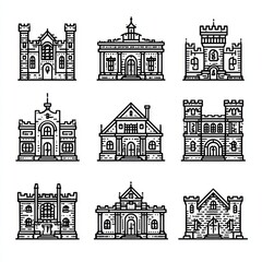 Obraz premium Architectural Icons: A collection of detailed building illustrations, offering a glimpse into various architectural styles and designs