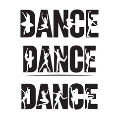 Dance text design with silhouette dancers in black and white