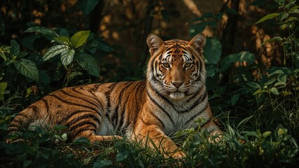 Adorable big striped feline resting peacefully