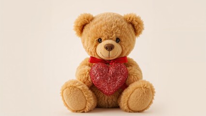 Adorable plush toy holding a heart with a red ribbon