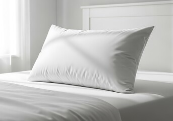 Obraz premium Plush Comfortable White Pillow Resting on a Clean Bed Next to a Sunlit Window
