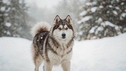 Naklejka premium Lovely husky pet amidst the snow