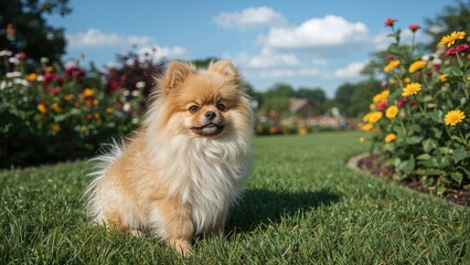 Adorable small golden Pomeranian outdoors
