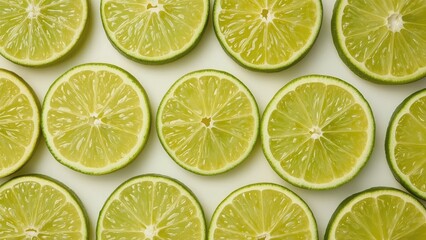 Overhead shot of vibrant green lime slices on a white background, isolated food image, summer cooking theme, fresh fruit display, bright and colorful