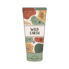 Tube of product with organic shapes and "wild earth" text.