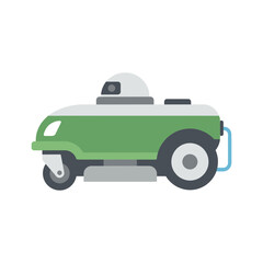 Obraz premium Green robotic lawn mower with wheels and sensors for autonomous grass cutting.