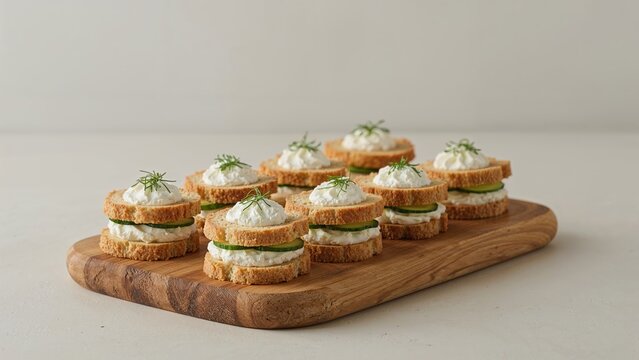 Detailed view of cucumber cream cheese sandwiches arranged on a wooden serving board atop a table, horizontal orientation - Powered by Adobe