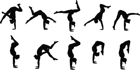 Gymnastics silhouettes performing handstands and acrobatic poses, flexibility, strength, balance, female athlete, fitness, exercise, sport, training, active lifestyle