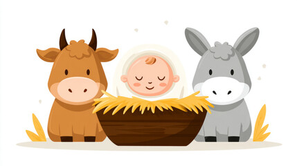 Cartoon nativity scene with baby jesus, cow, and donkey in manger