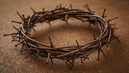 Thorny crown alongside stained nails resting on a textured brown backdrop with space for text. Detailed close view. Horizontal format.
