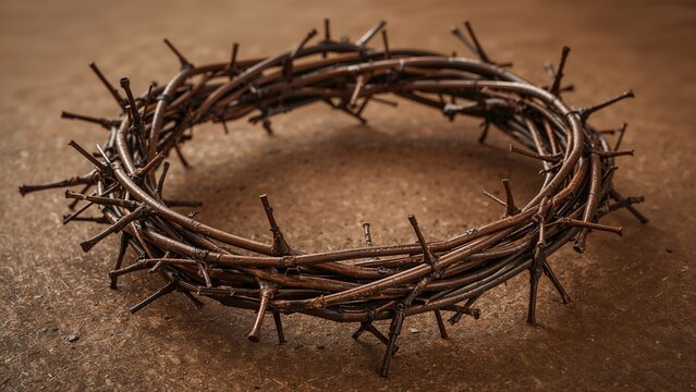 Thorny crown alongside stained nails resting on a textured brown backdrop with space for text. Detailed close view. Horizontal format. - Powered by Adobe