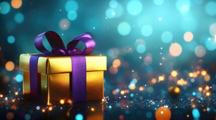 Luxurious Golden Gift Box with Purple Ribbon Amidst Sparkling Bokeh Lights