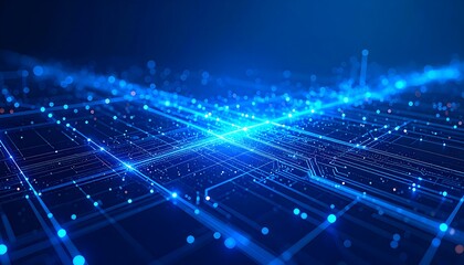 Futuristic data transmission and network communication concept. Digital technology abstract background with glowing blue lights.