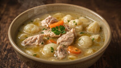 Creamy chicken and potato gnocchi soup presented in a bowl, vertical middle close-up shot