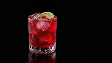 Refreshing Cranberry and Lime Vodka Mix with Icy Cubes on Black Surface, Area for Copy