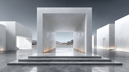 3d illustration of abstract modern architecture background, Minimal geometry architectural design, Car presentation backdrop with empty concrete floor, Geometric white blocks building design