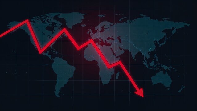 Worldwide economic downturn, financial slump, and market collapse illustrated by a descending digital red candlestick chart and graph on a dark backdrop with a global map. 3D visualization - Powered by Adobe