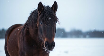 Dark Horse in Winters Embrace Snowy Portrait of Elegance.