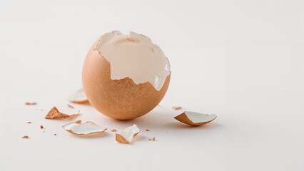 Shattered eggshell placed on a clean white plane
