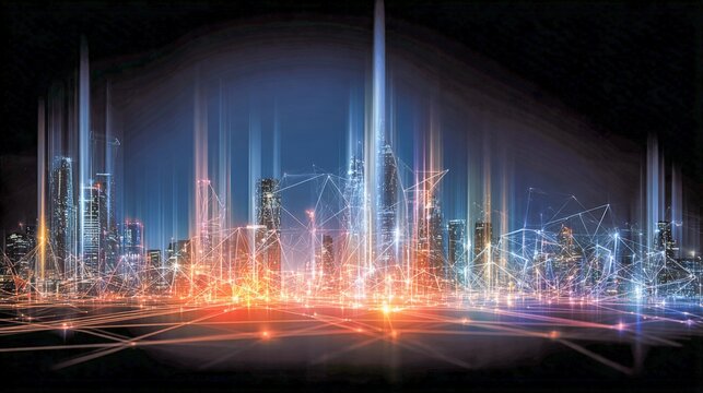 Futuristic Cityscape at Night with Glowing Connections, High-Tech Communication Network Illustration on Dark Background - Powered by Adobe