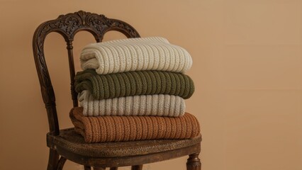 Fototapeta premium Stack of snug sweaters and clothing on an old wooden seat
