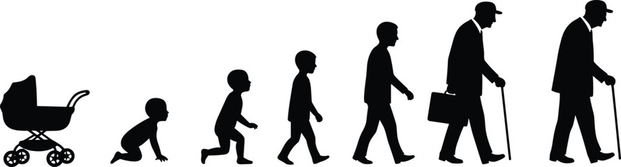 Human life stages silhouette, from baby stroller to elderly man, aging process, life cycle, growth, development, time progression, health, family
